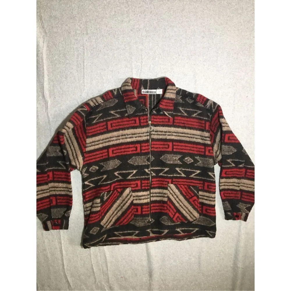 Womens Body Xpressions Jacket Wool Blend Aztec Tribal Print Red Thick Vintage